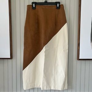 Vegan Leather Colorblock Pebbled Brown Ivory Pencil Skirt